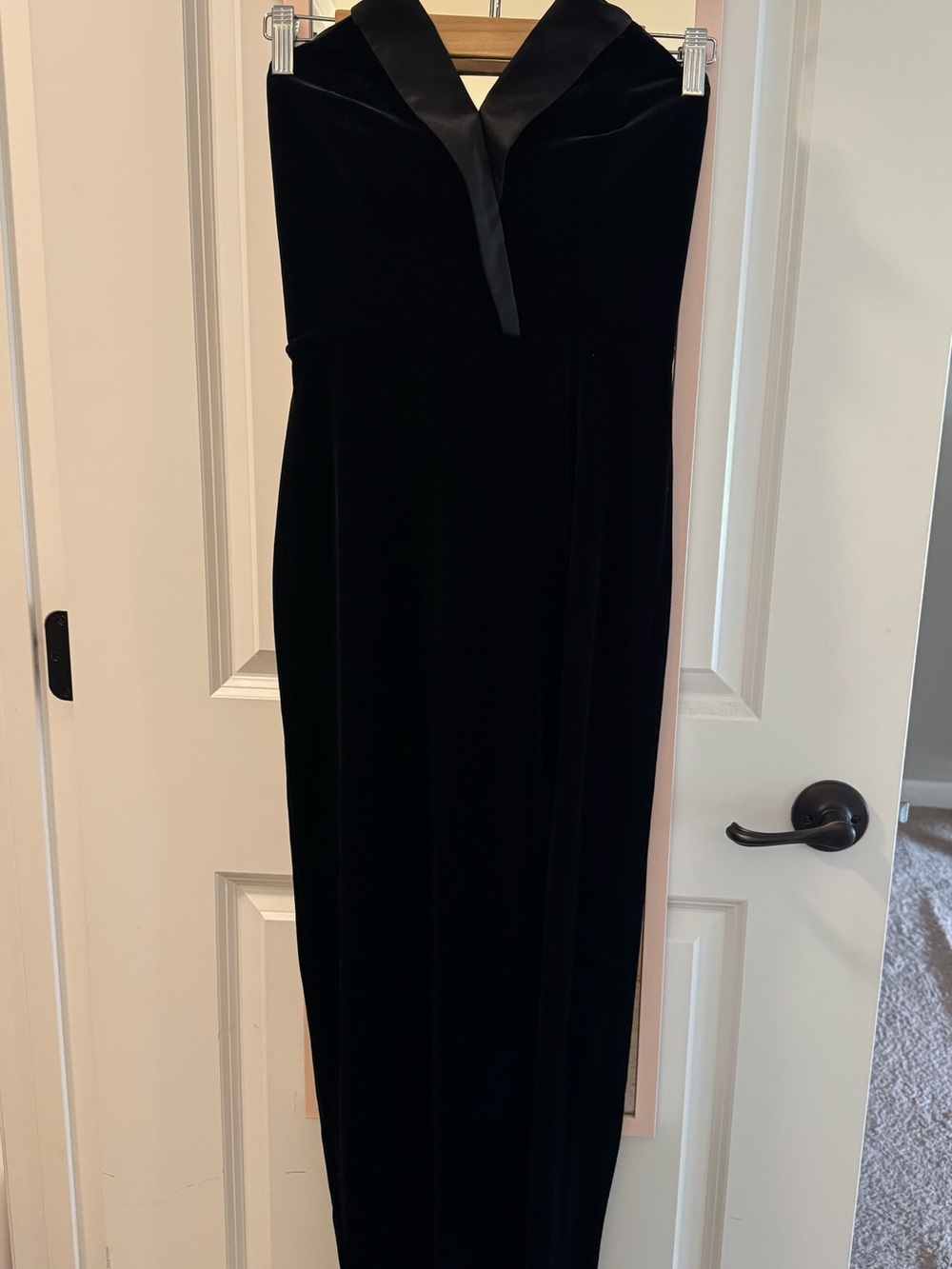 Betsy & Adam Black Velvet Strapless Evening Tuxedo Gown with Satin V-Neck